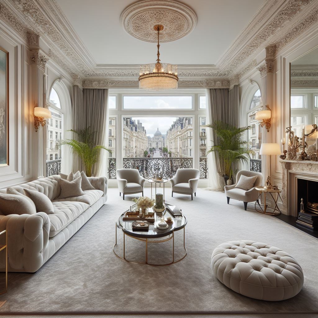 A large luxurious living room with carpeted floors in a Central London apartment